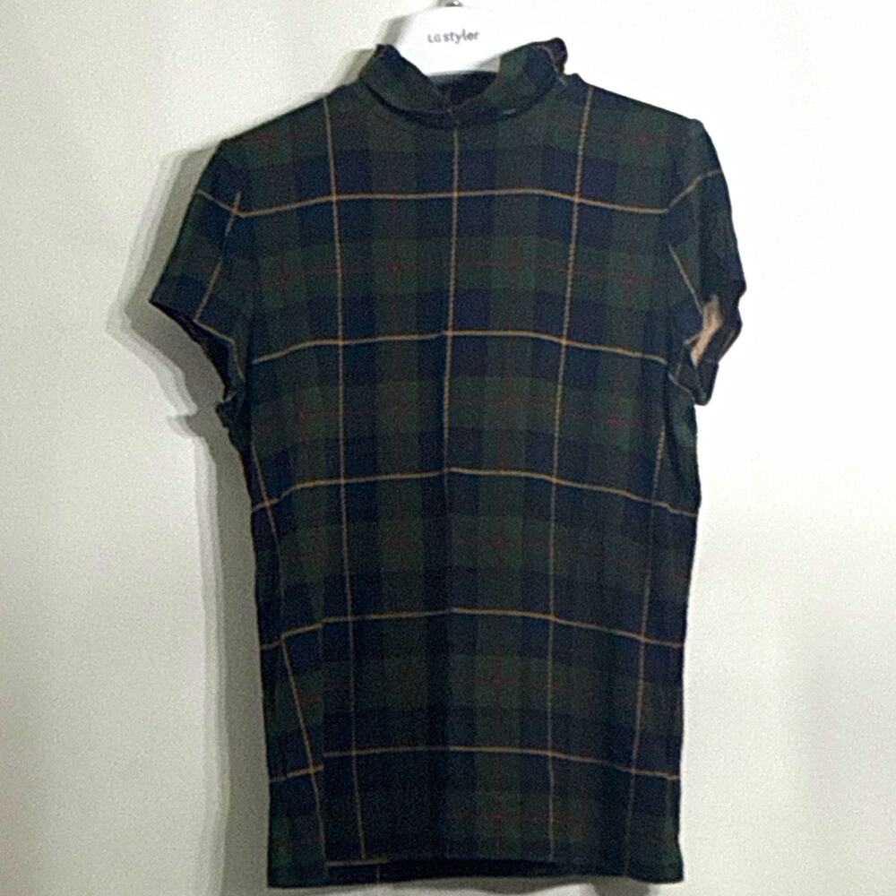 Lauren Ralph Lauren Women’s Plaid Mock Neck Short Sleeve Knit Pullover Top L